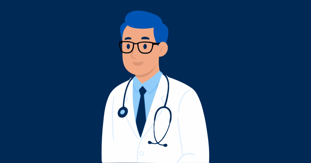 Illustration of a doctor with blue hair wearing glasses, a white coat, and a stethoscope against a dark blue background.